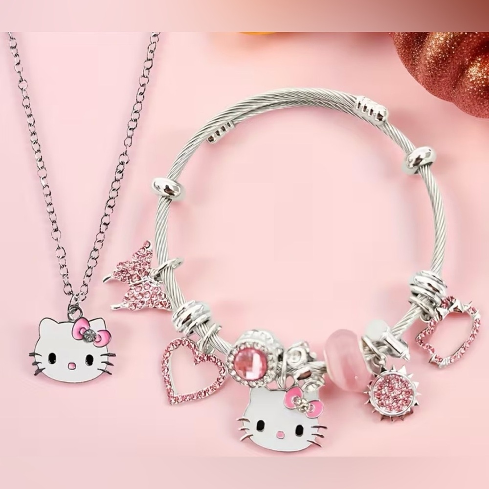 Hello Kitty Pink and Silver Charm Bracelet and Necklace Jewelry Set NIB